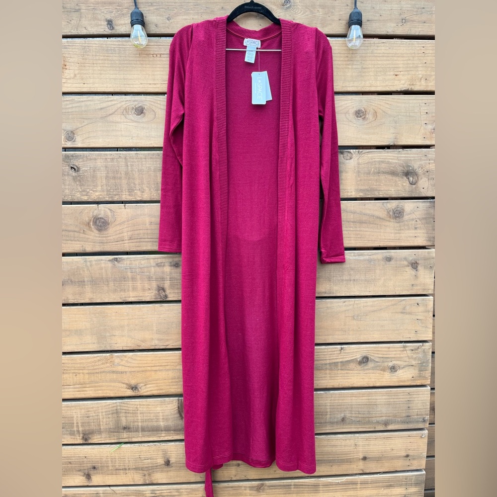 NWT L*space “Audrey” long knit belted cardigan duster, maroon red.